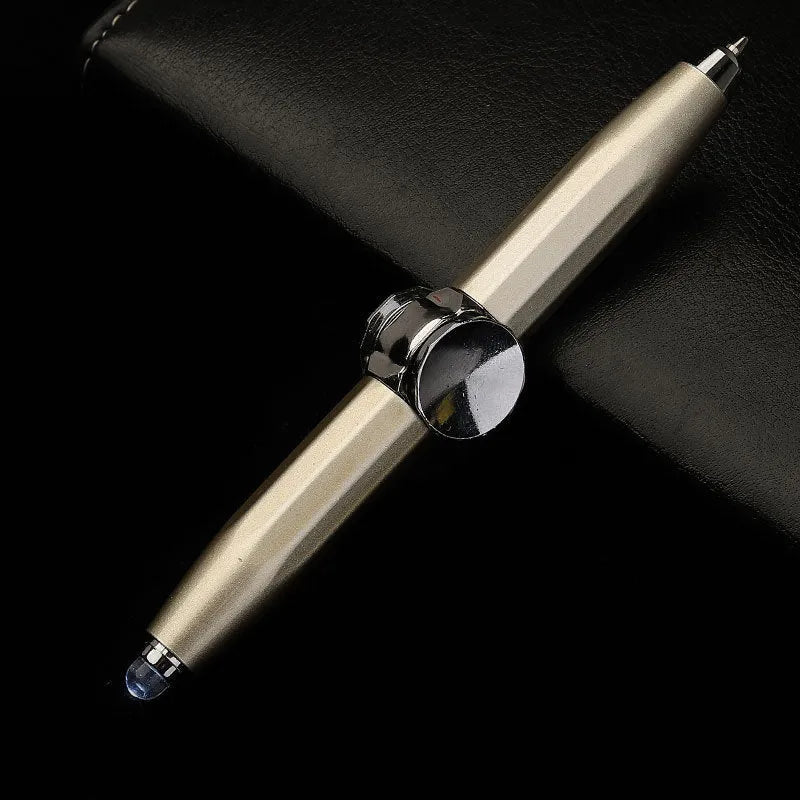 Metal ballpoint pen with a built-in fingertip gyro spinner and LED light, shown in multiple ink colour options.