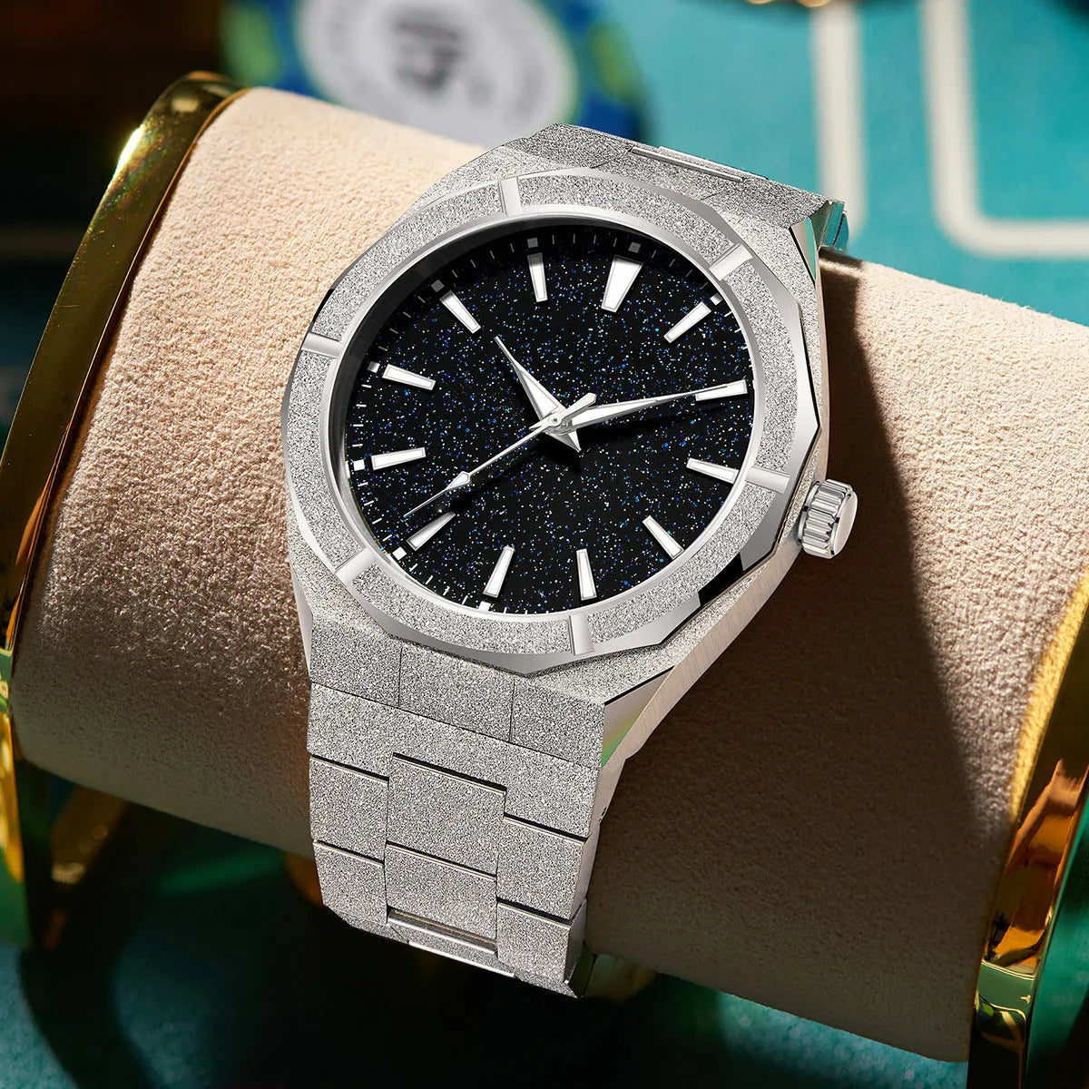 Business men's stainless steel watch with frosted case and luminous markers in silver, gold or black