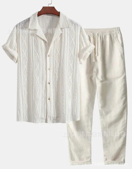 Mens loose short sleeve shirt and trousers casual set in milk silk polyester fabric for summer wear