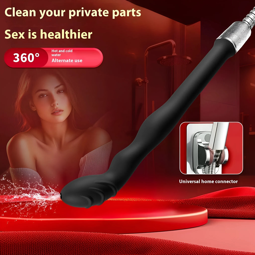 Black silicone hosepipe flusher for enema procedures shown in large and small size options
