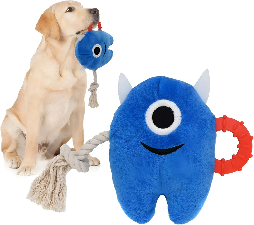Blue and green monster-themed stuffed plush dog toy with integrated cotton rope and a squeaker.