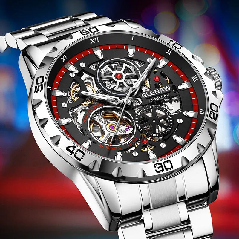 Men's double-sided hollow-out mechanical watch with luminous hands and stainless steel strap