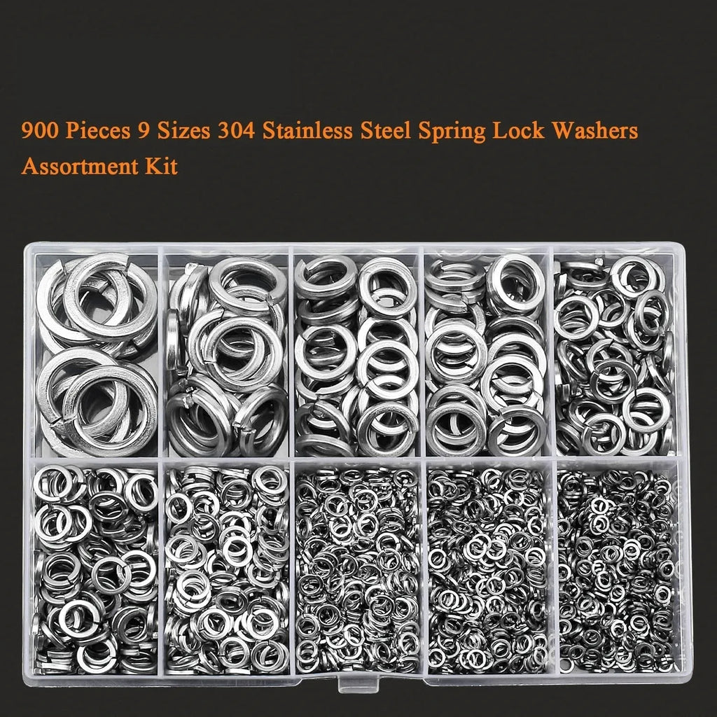 304 stainless steel spring lock washer combination box with 900 pieces covering M2 to M12 metric sizes