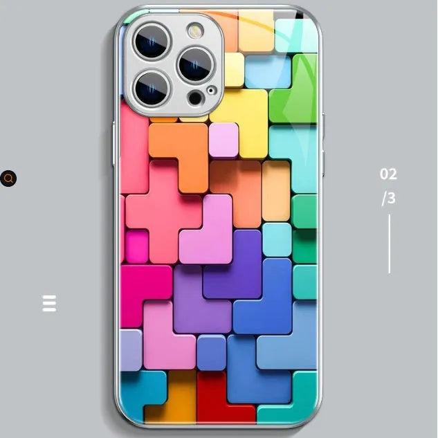 Colourful cartoon geometric design silicone back cover case for iPhone 14 Pro Max on a table.