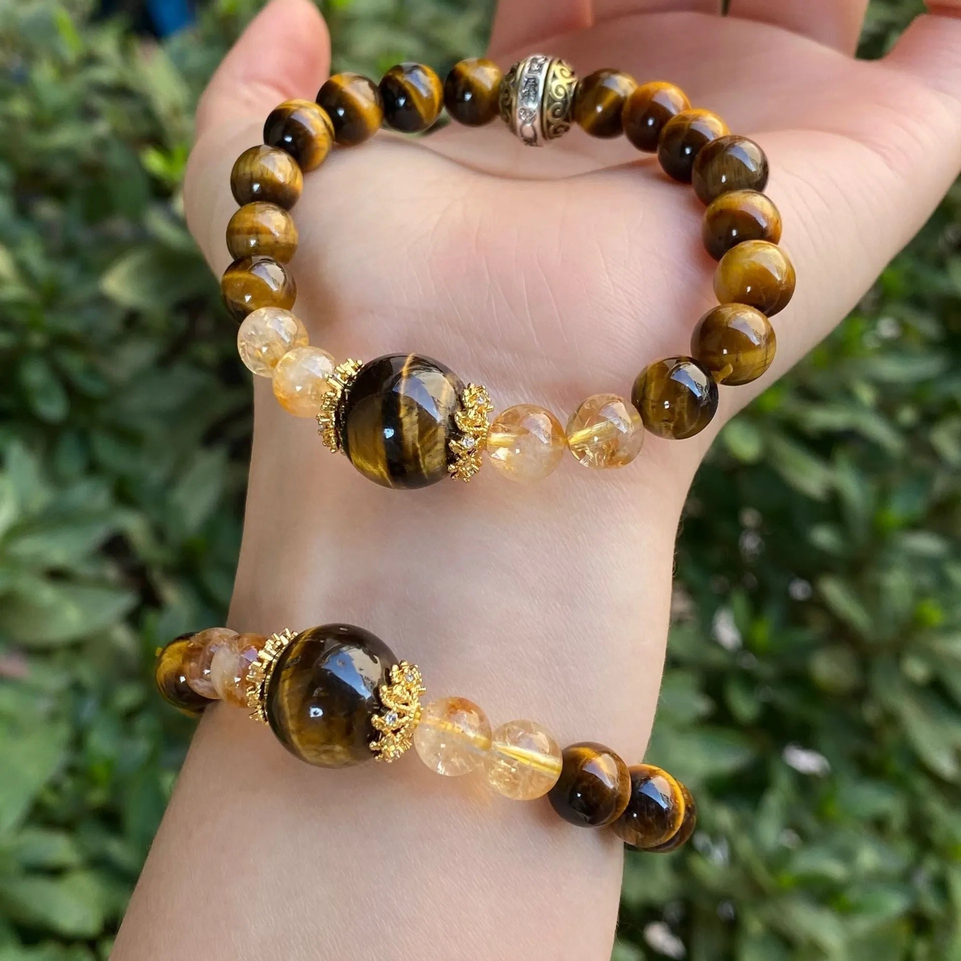 Handmade unisex citrine diamond gourd bracelet with mixed 10mm and 8mm electroplated crystal beads