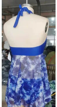 Blue women's bikini swimsuit with briefs style on a white background
