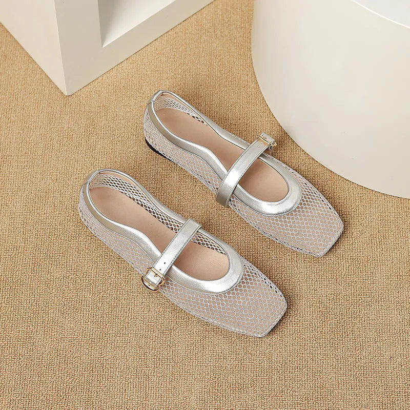 Women's beige mesh summer pump with square toe and buckle closure on a low flat heel.