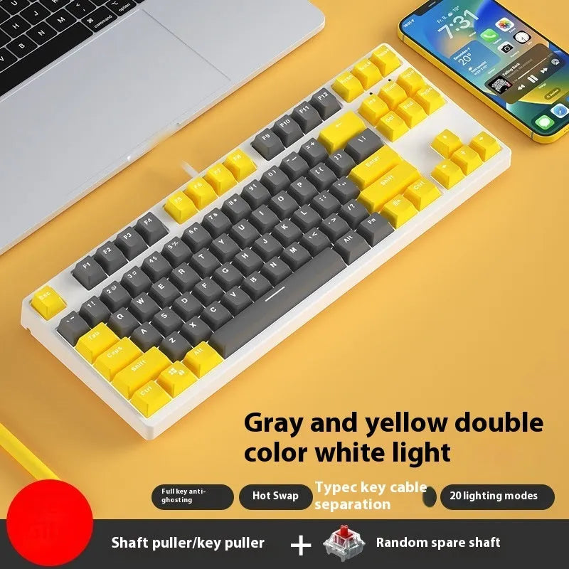 87-key wired mechanical gaming keyboard with hot-swappable switches shown in a two-tone colour scheme on a metal chassis.