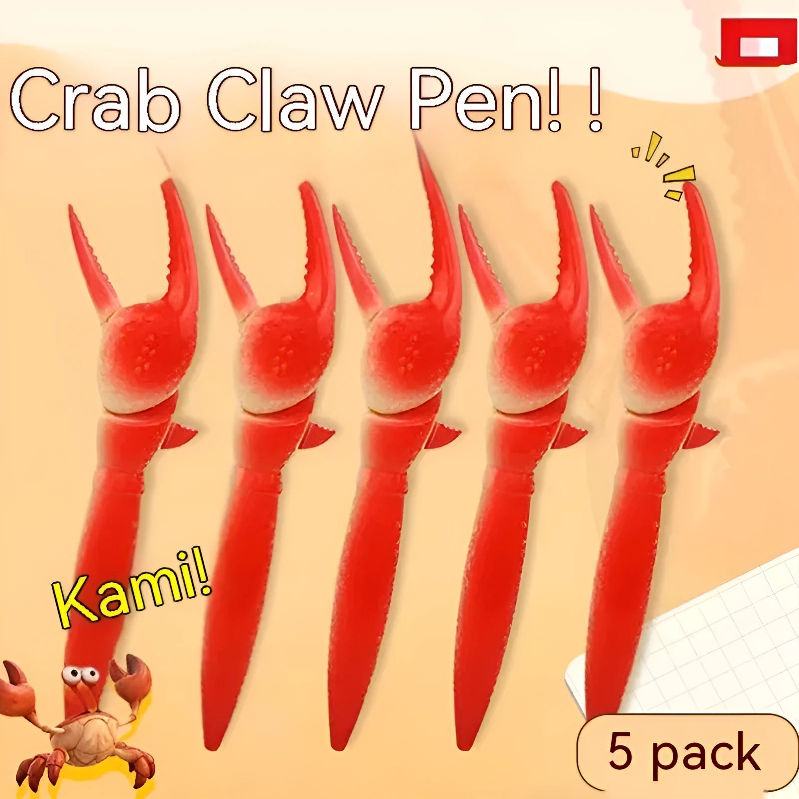 Crab-shaped ballpoint pen with pressable clip mechanism showing crab design details