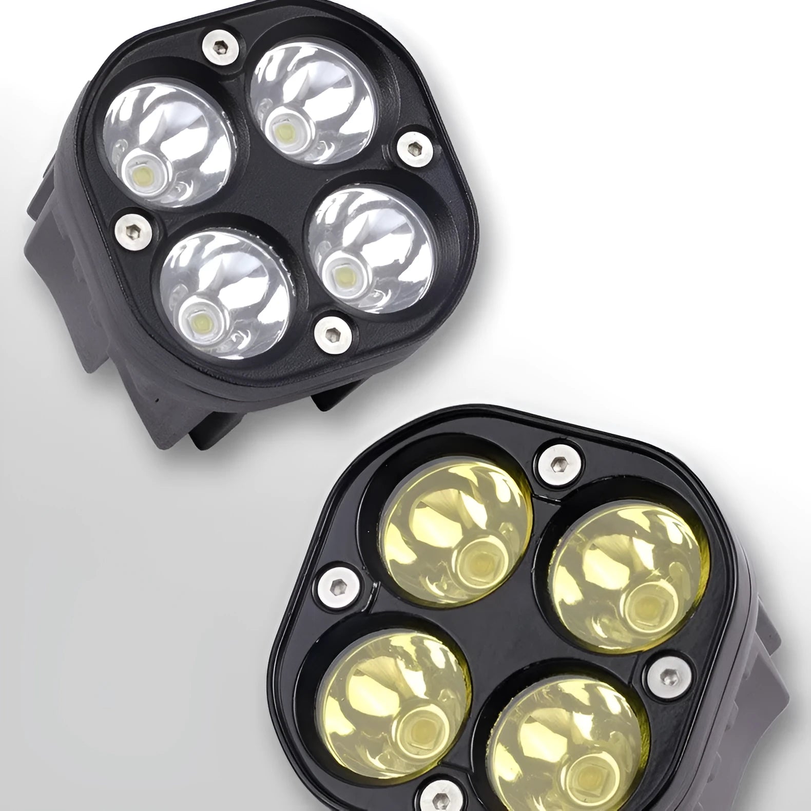 Four-eye vehicle headlight modification kit with aluminium base plate showing white and yellow light options