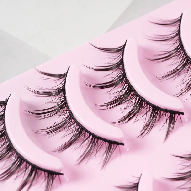 Set of 5 pairs natural wispy false eyelashes with black plastic base for Korean makeup and cosplay.