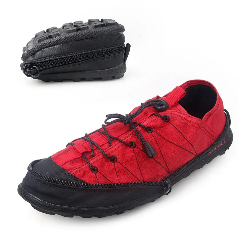 Portable folding outdoor hiking shoes in orange with side zipper closure and mesh upper