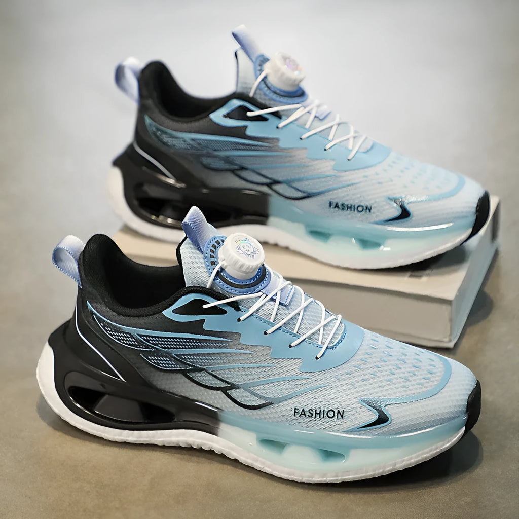 Men's low-top sneakers with a rotating button fastening, shown in light blue mesh and black leather options.
