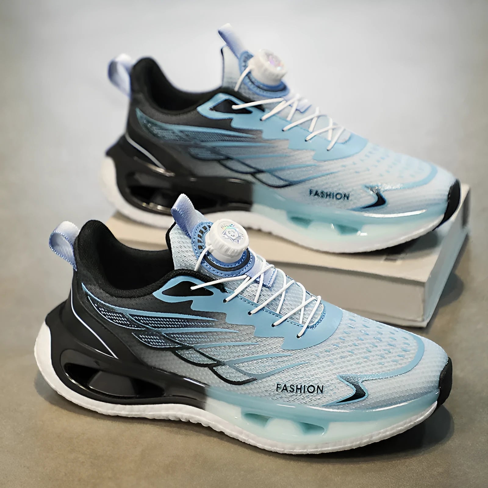 Men's low-top sneakers with a rotating button fastening, shown in light blue mesh and black leather options.
