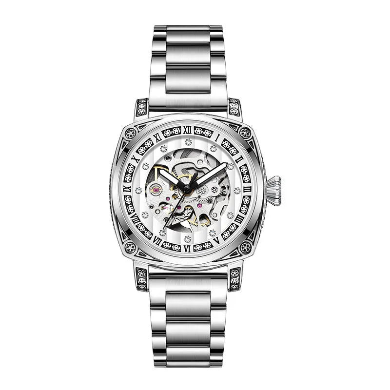 Mechanical watch with luminous hands on leather belt showing 10m waterproof rating and available colour options