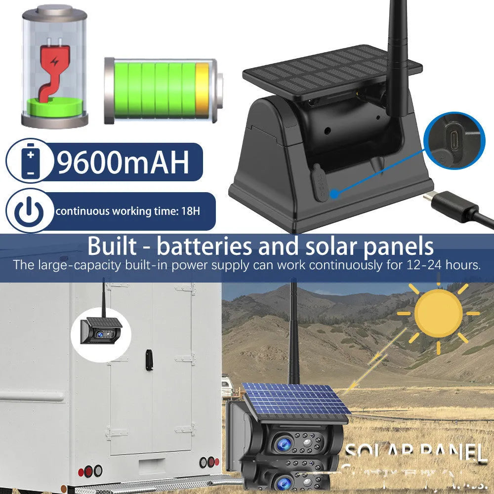 Solar wireless charging vehicle reversing camera with aluminium alloy shell and magnet on black mount.