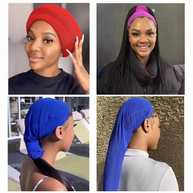 Breathable spandex mesh wig cap in seven colours showing oversleeve design
