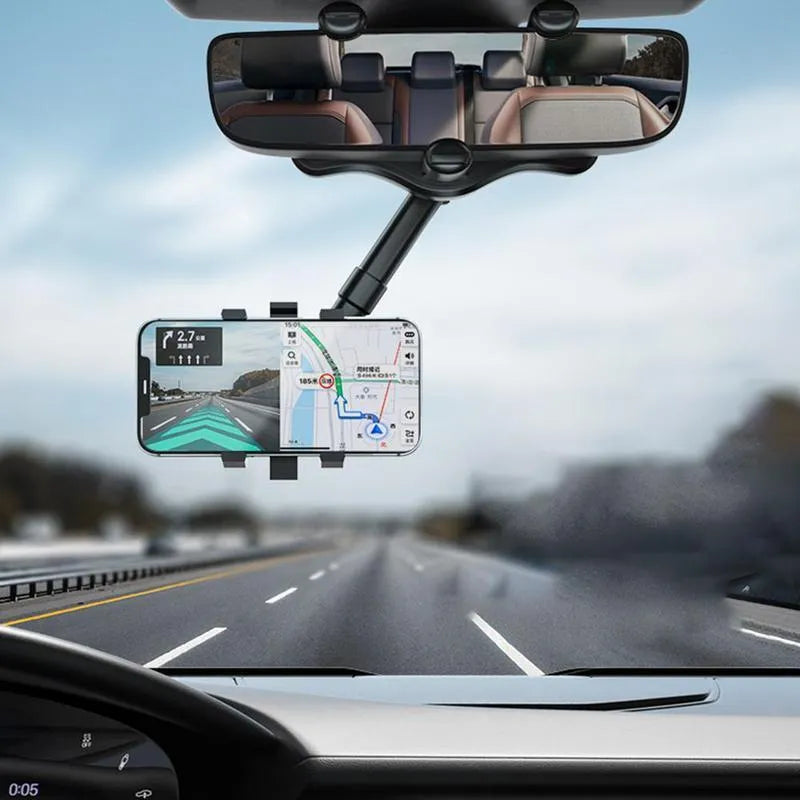 Black rearview mirror phone holder with telescopic arm and 360-degree rotation mechanism