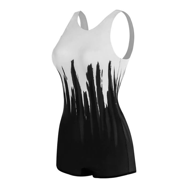 Black conservative one-piece ladies swimsuit with printed pattern on polyester fabric.
