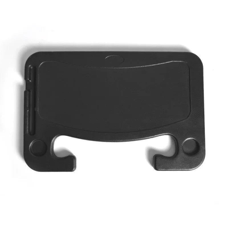 Black plastic car desk and storage stand with food tray, dimensions 42cm by 28cm.