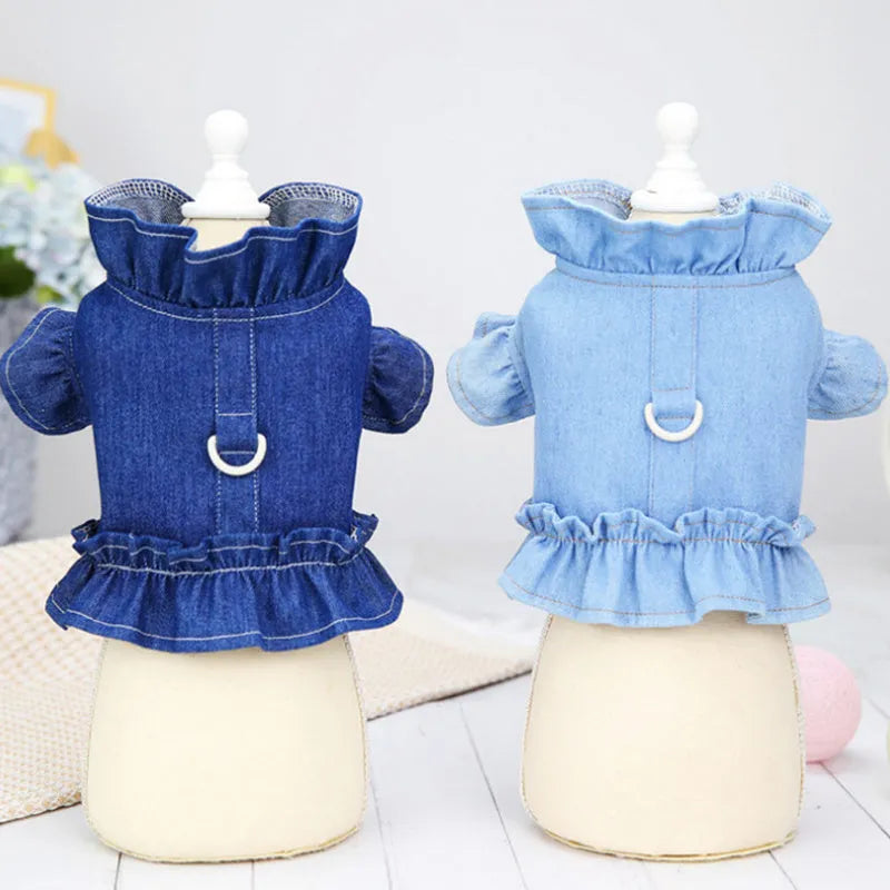 Blue denim dog dress with ruffles vest and back leash hook in five sizes