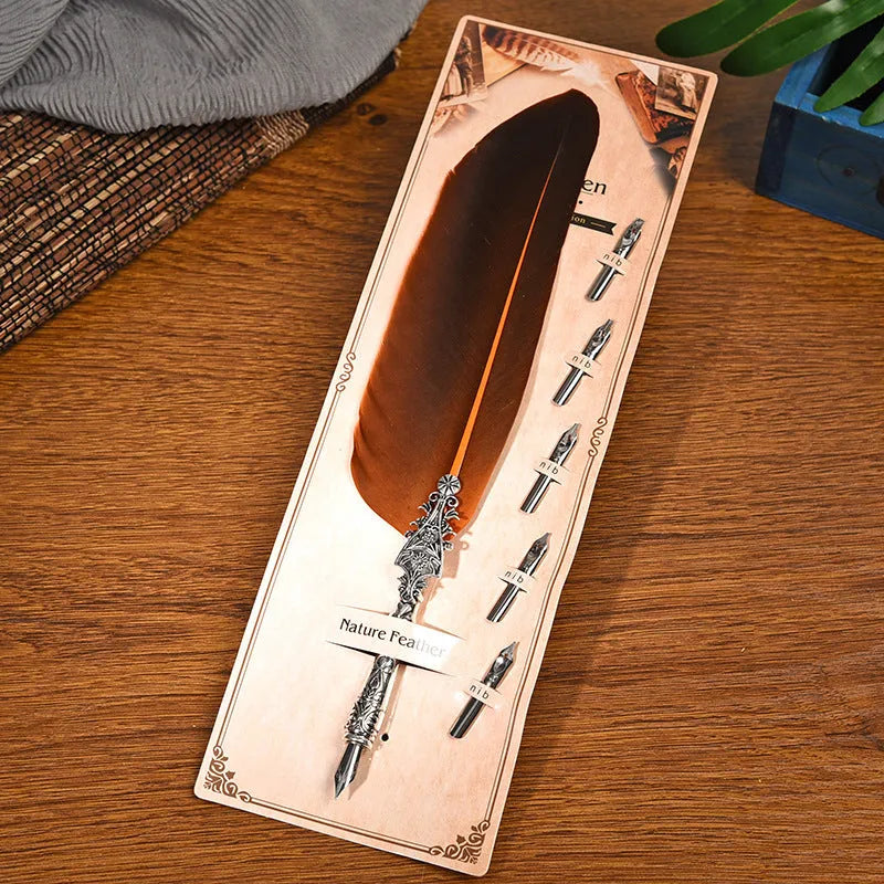 Vintage feather pen with zinc alloy shell in choice of ten colours including black, blue, and red.