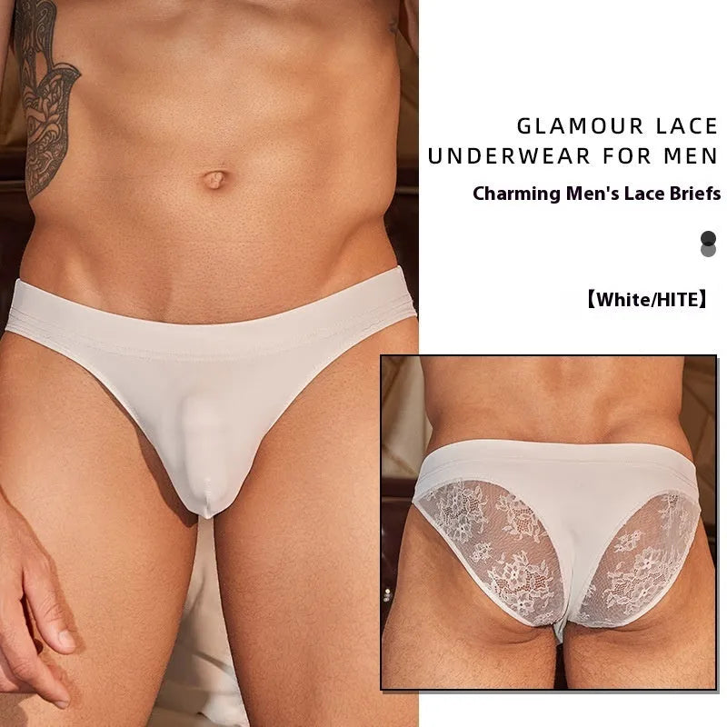 Men's black shark skin lace hip briefs showing textured fabric and hip-hugging fit