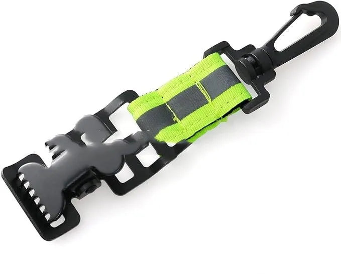 Fluorescent green safety glove clip with metal buckle and reflective nylon lining.