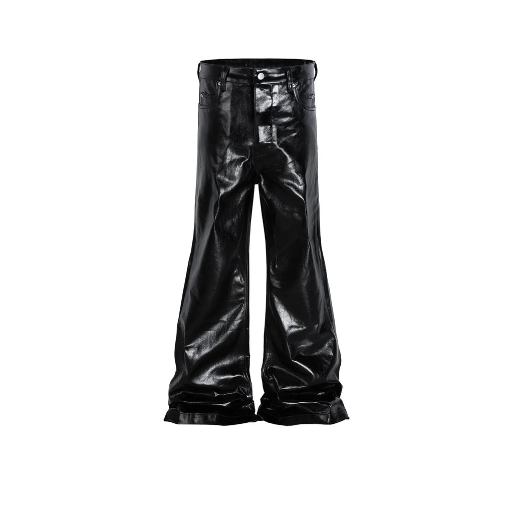 Black shiny patent leather coated skinny jeans with straight-leg design on cotton denim