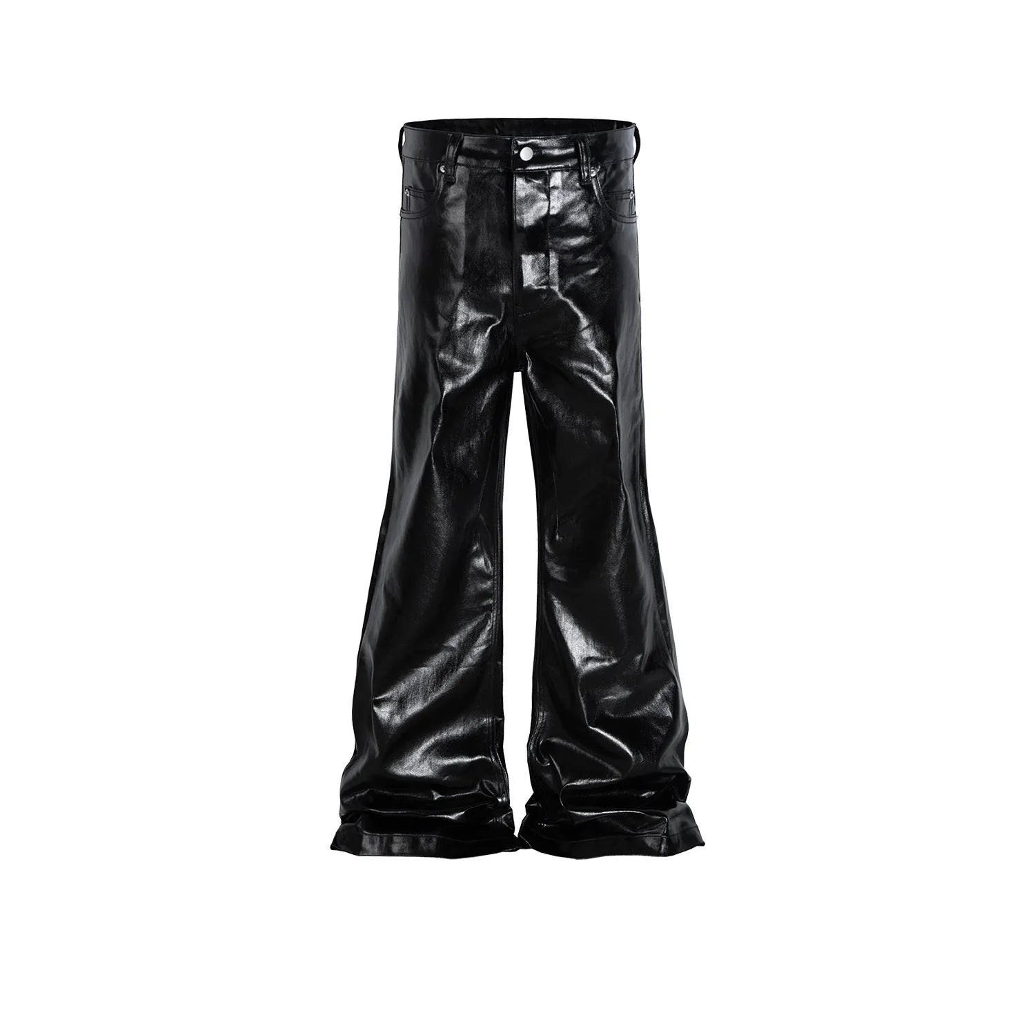 Black shiny patent leather coated skinny jeans with straight-leg design on cotton denim