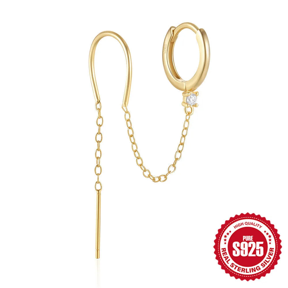 S925 sterling silver geometric earrings with flower and tassel chain decoration in golden finish