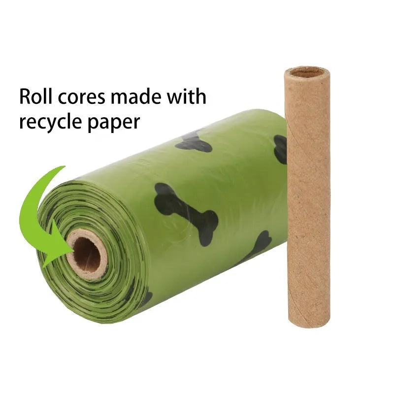 Roll of army green degradable dog poop bags with black bone print, showing bag size of 23x33cm.