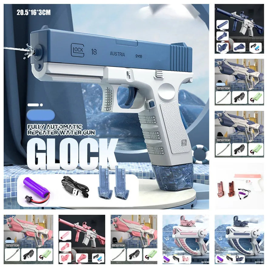 Blue electric water gun with USB charging cable and 55cm length for outdoor water fights