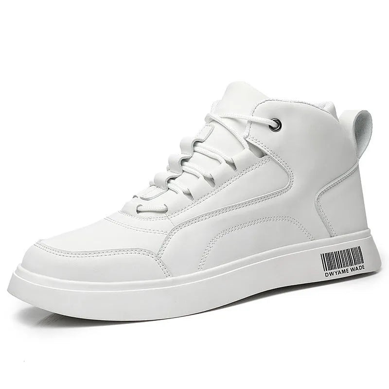 Men's white mid-top lace-up casual shoes with a round toe and rubber sole on a neutral background.