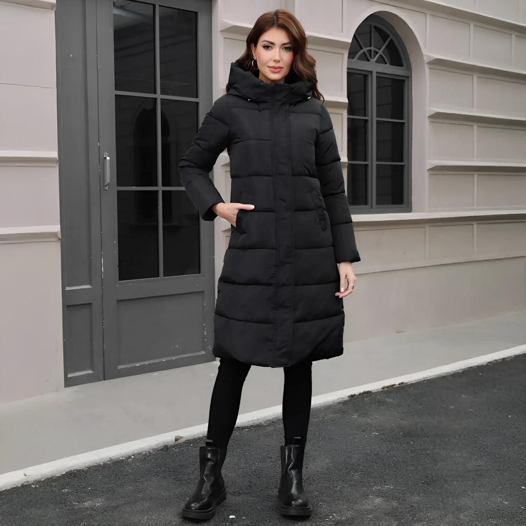 Black hooded slim fit cotton jacket with long sleeves on mannequin