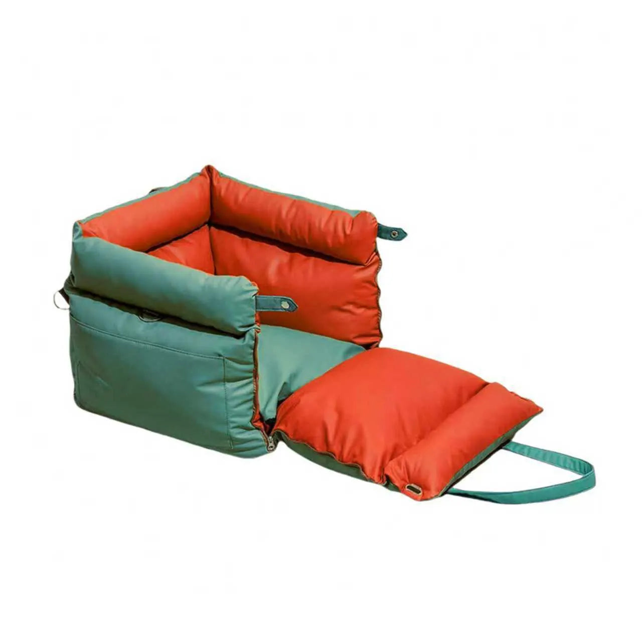 Green waterproof dog car nest with removable washable cover on a car seat