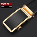 Men's leather belt with automatic buckle in gun black, silver, and gold colours