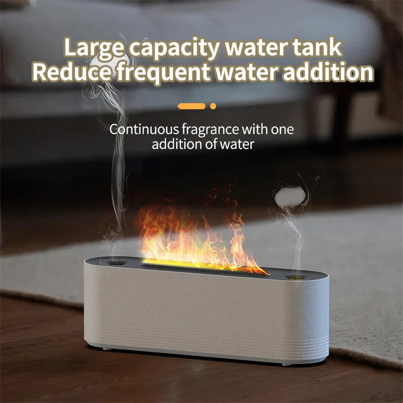 Black ultrasonic humidifier with colourful LED flame lighting and water mist output