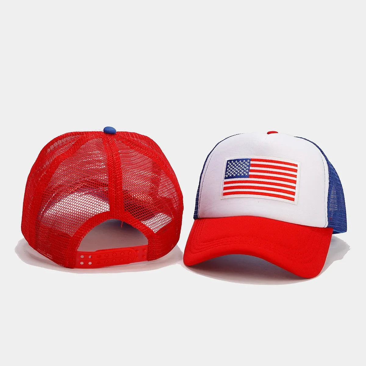Red and blue contrast adjustable baseball cap with dome crown and mesh fabric