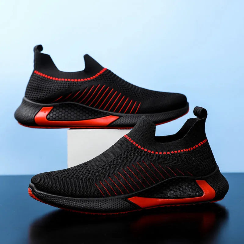 Men's mesh sock shoes with striped design, lightweight slip-on sneakers in black colour
