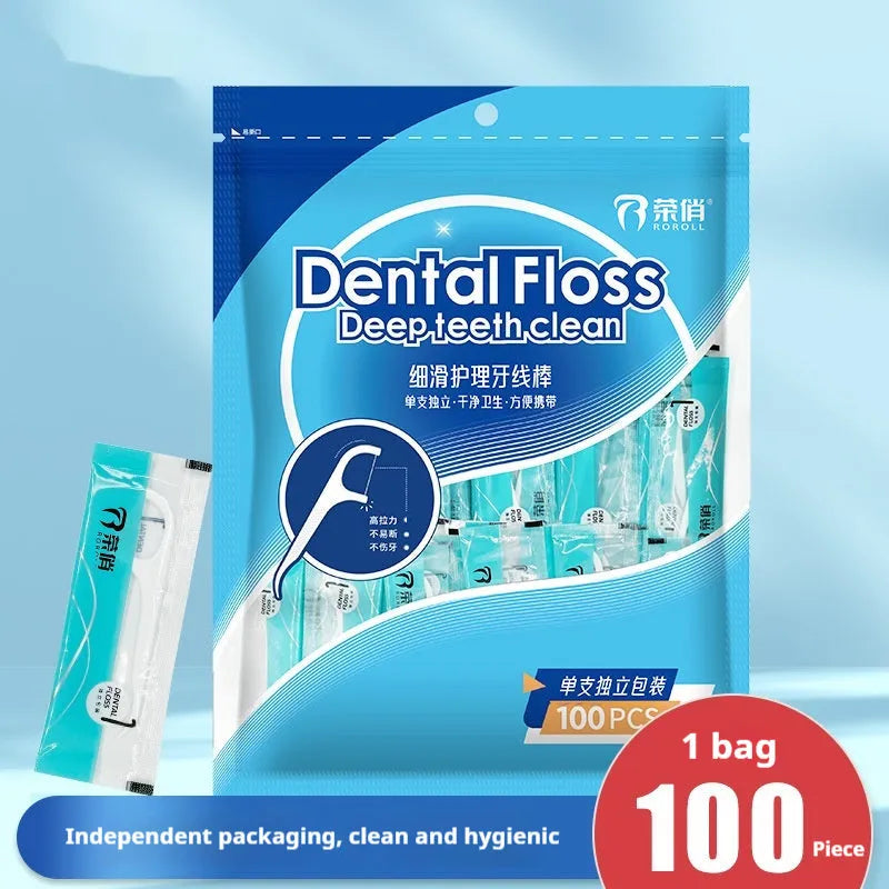 Individually packaged dental floss strands in plastic with high tensile strength