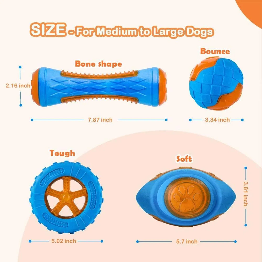Set of three floating TPR dog toys: a squeaky ball, barbell, and tyre for water fetch.