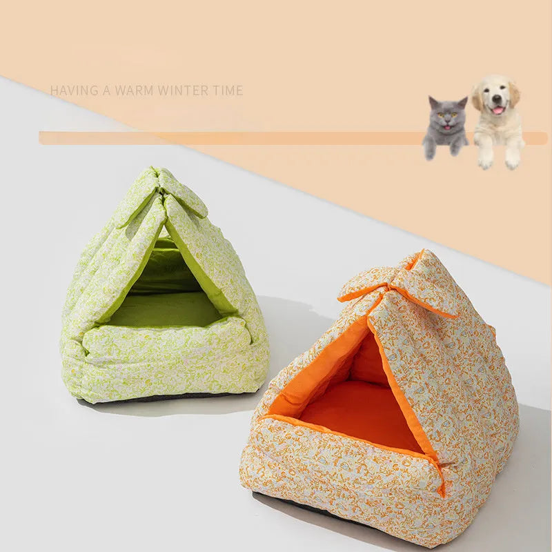 Semi-enclosed thickened triangle pet nest in orange colour for cats and dogs
