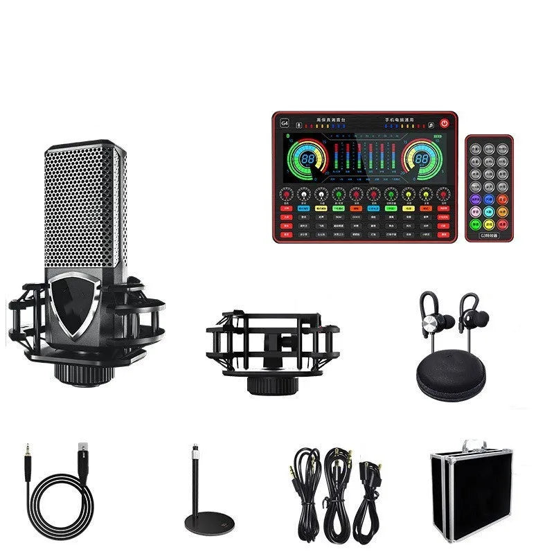 G4 professional live sound card set with LCD display, control knobs, remote, cables, and a dynamic microphone.