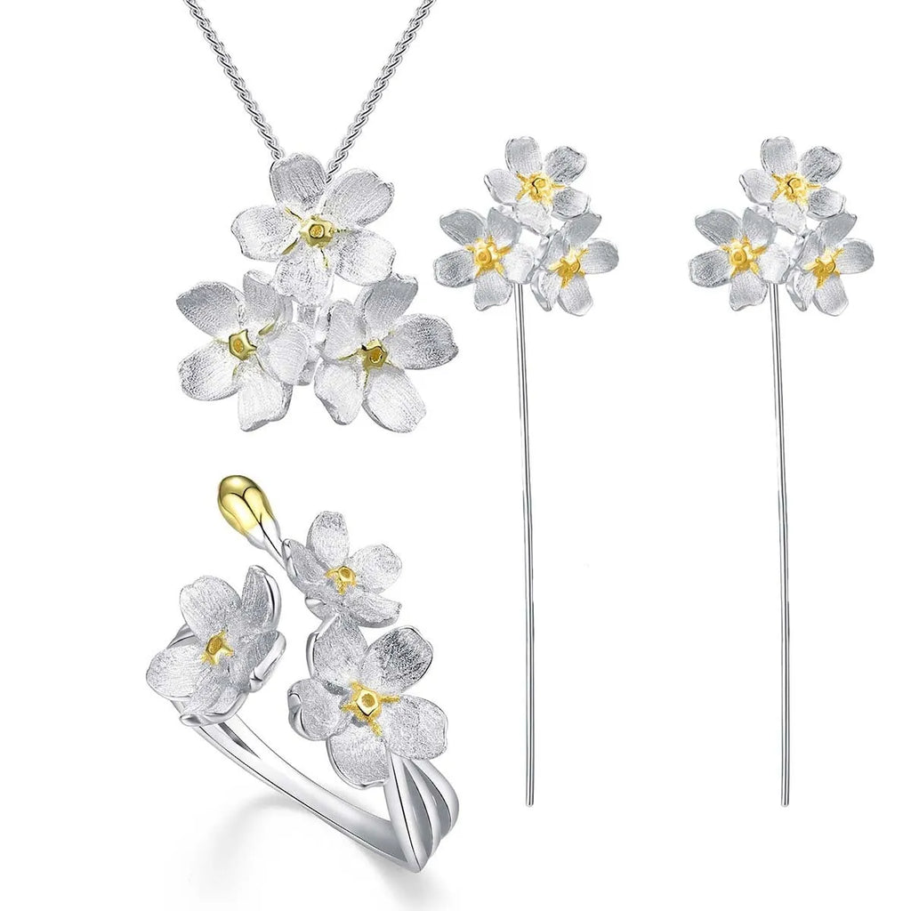 Myosotis Sylvatica sterling silver floral pendant with pastoral design in electroplated finish
