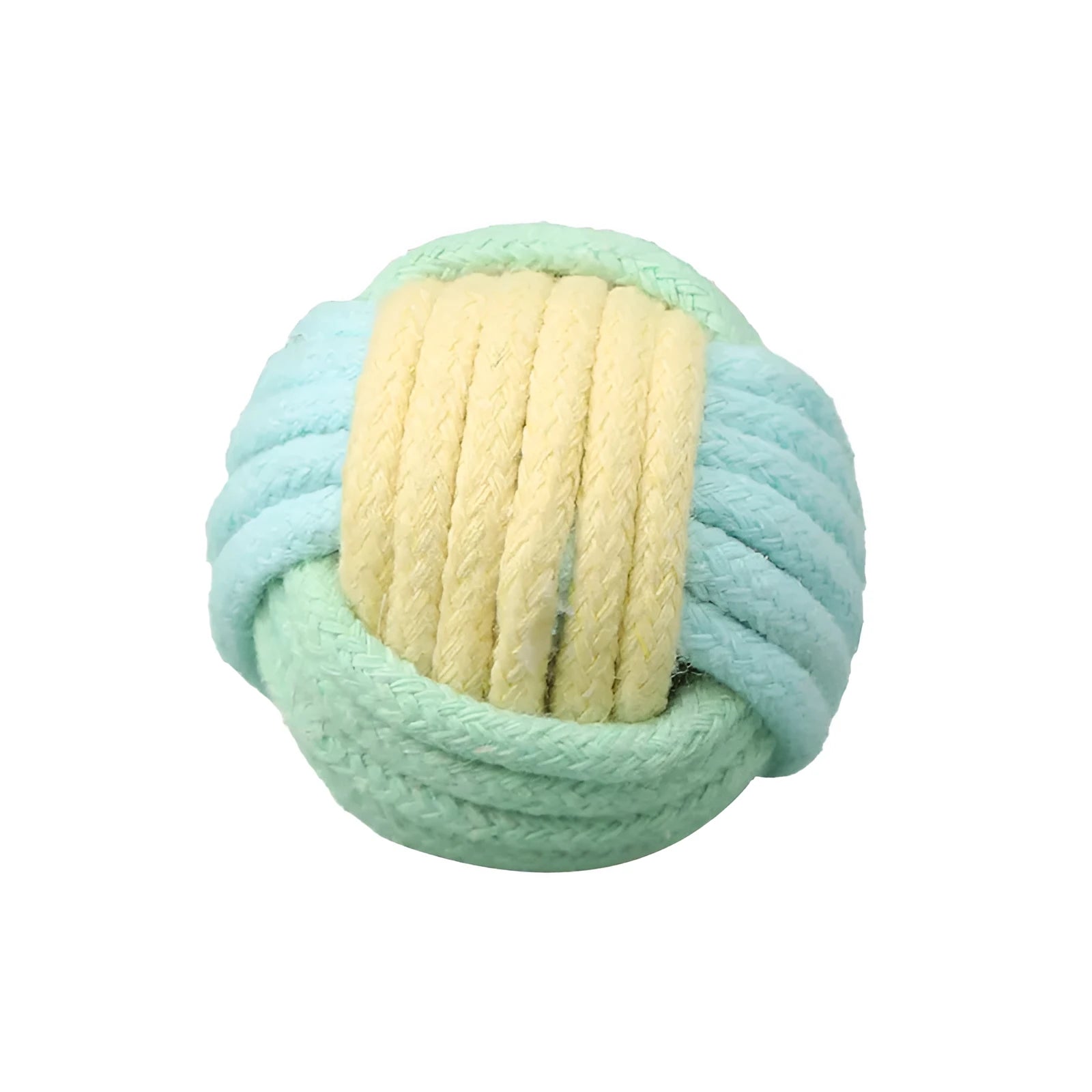 Handmade cotton plush cat toy in blue pink green colours measuring 5cm diameter
