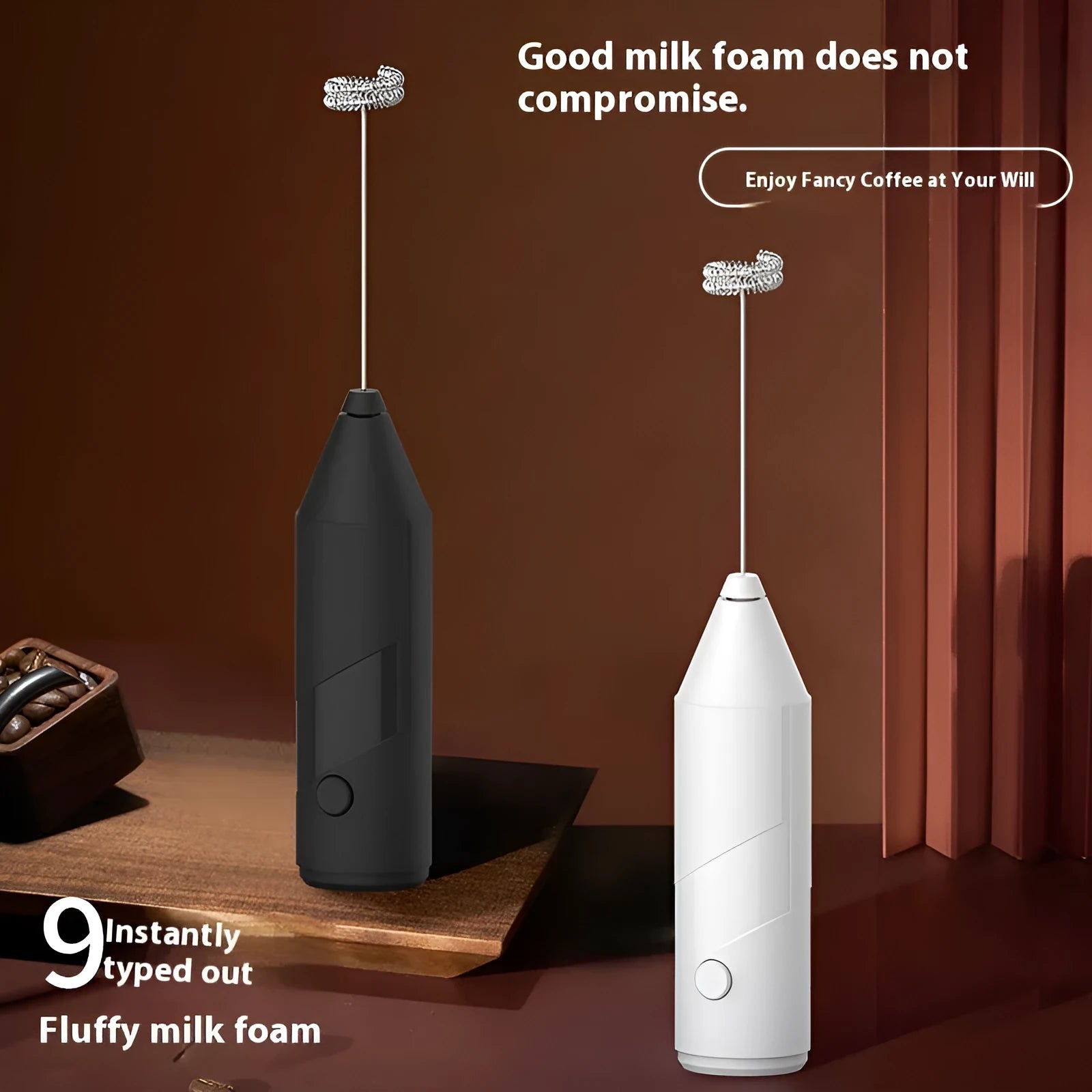 USB rechargeable handheld electric milk frother in black, white and khaki colours