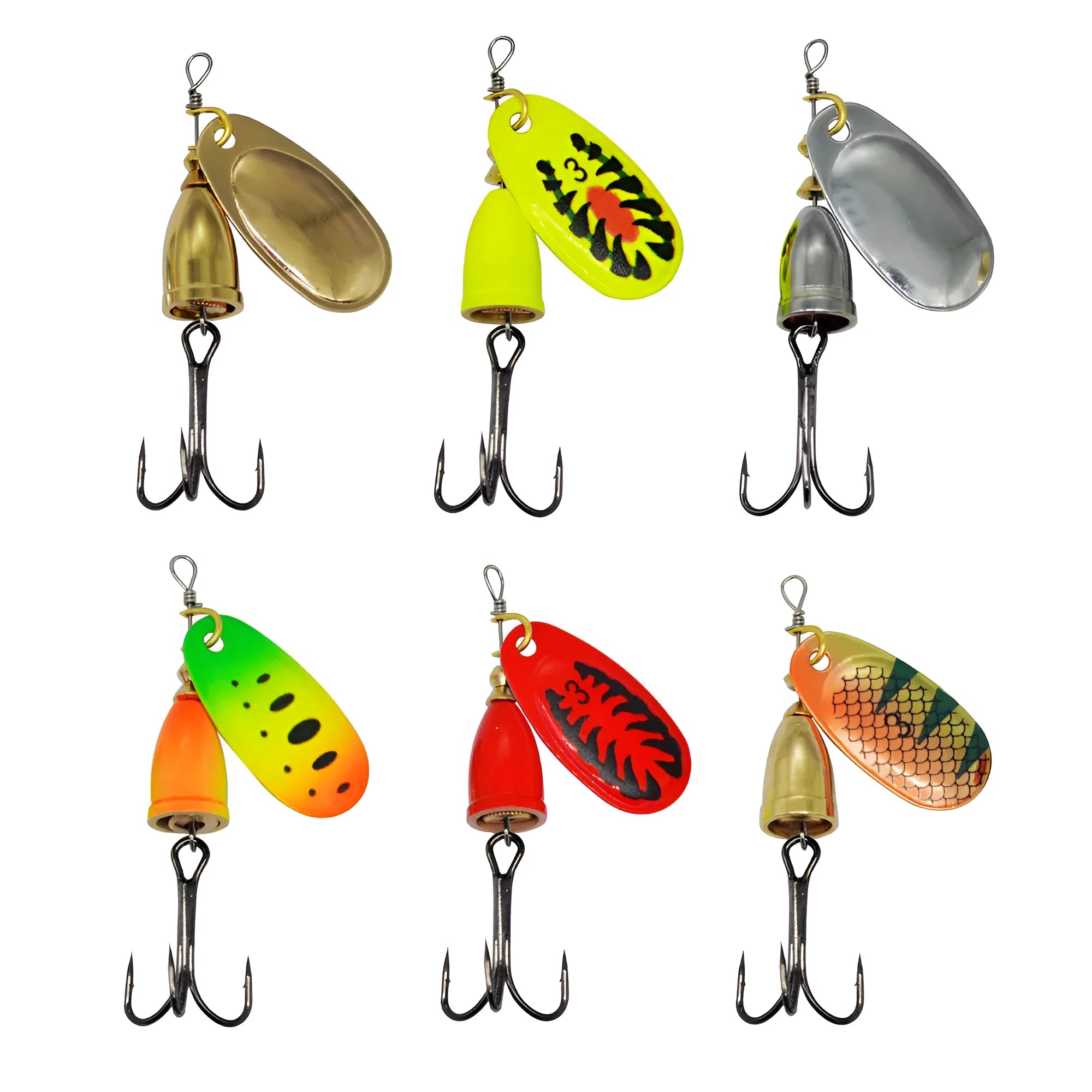 Copper bell metal fishing lure with rotating sequins in seven colour finishes on a blue background.