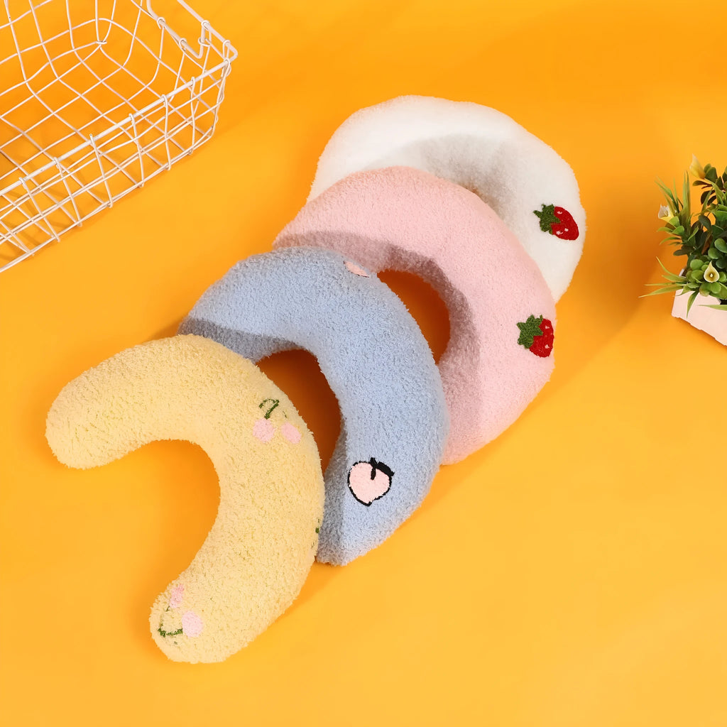 U-shaped half moon pet pillow for cats with cartoon dogs and cats design in blue colour