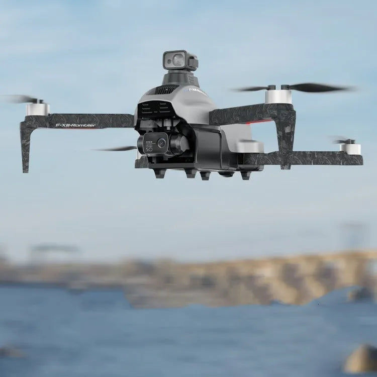 White folding quadcopter drone with obstacle avoidance sensors and 4K camera shown with remote and shoulder bag